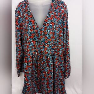 BOHOO Red Blue Floral Cottagecore, Whimsy,Travel‎ Spring V-Neck Dress Size XL